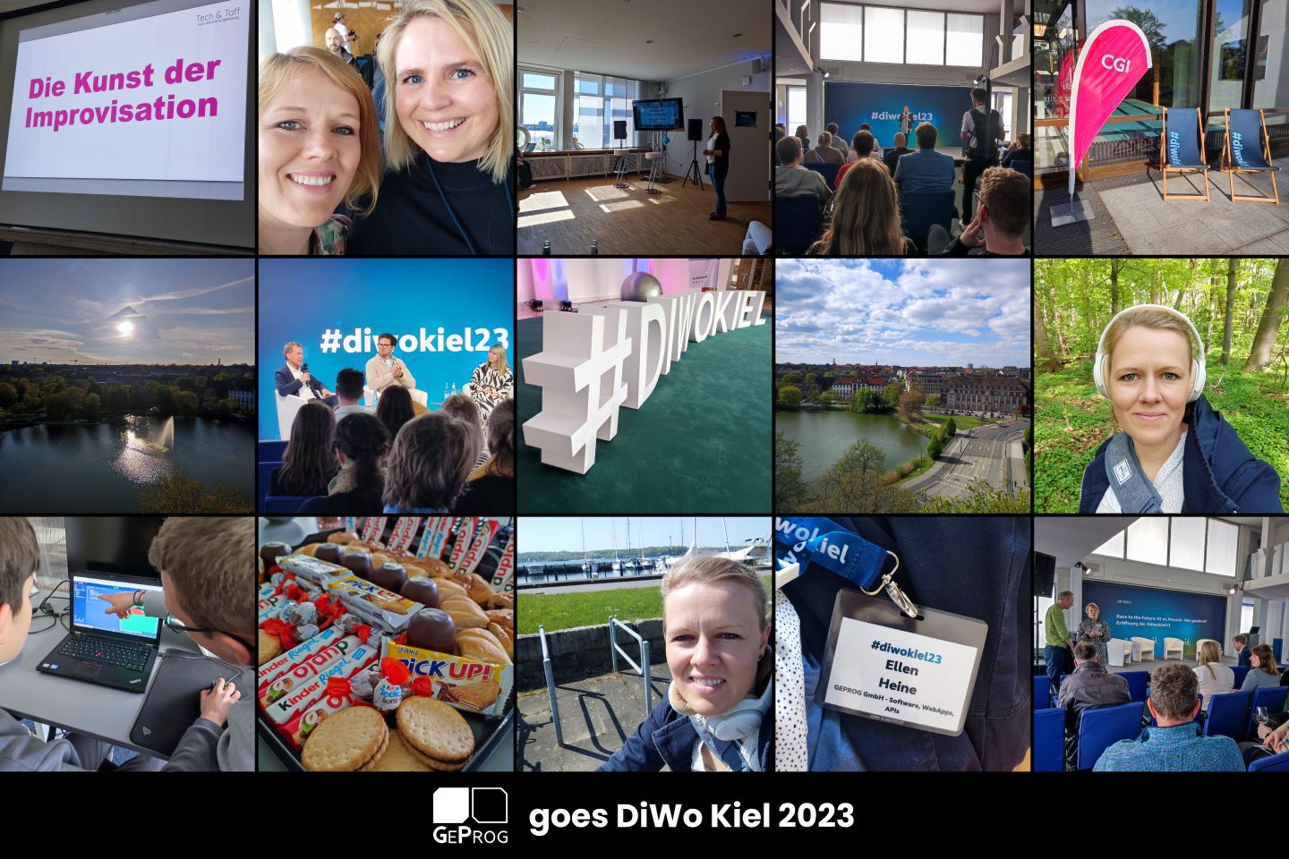 Ein Bild, welches im fünf mal drei Muster andere kleine Bilder von der Digitalen Woche 2023 zeigt.