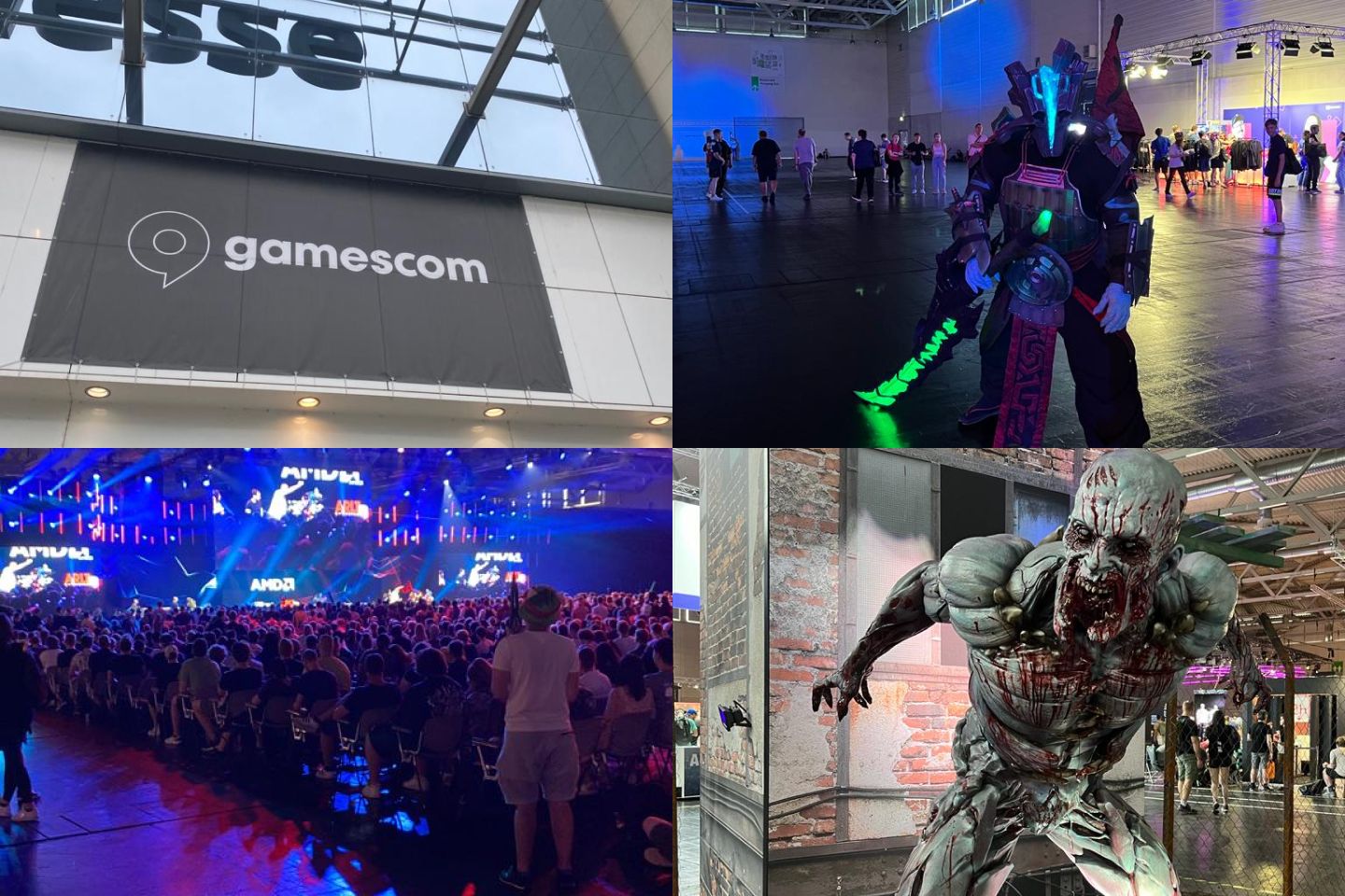 Vier Bilder von der Gamescom. Eins zeigt das Banner von Gamescom, das zweite ist ein Costplayer mit einem leuchtenden Schwert, das dritte zeigt eine Menschenmenge in einer Arena und das dritte zeigt eine Statue, welches ein Monster darstellt.
