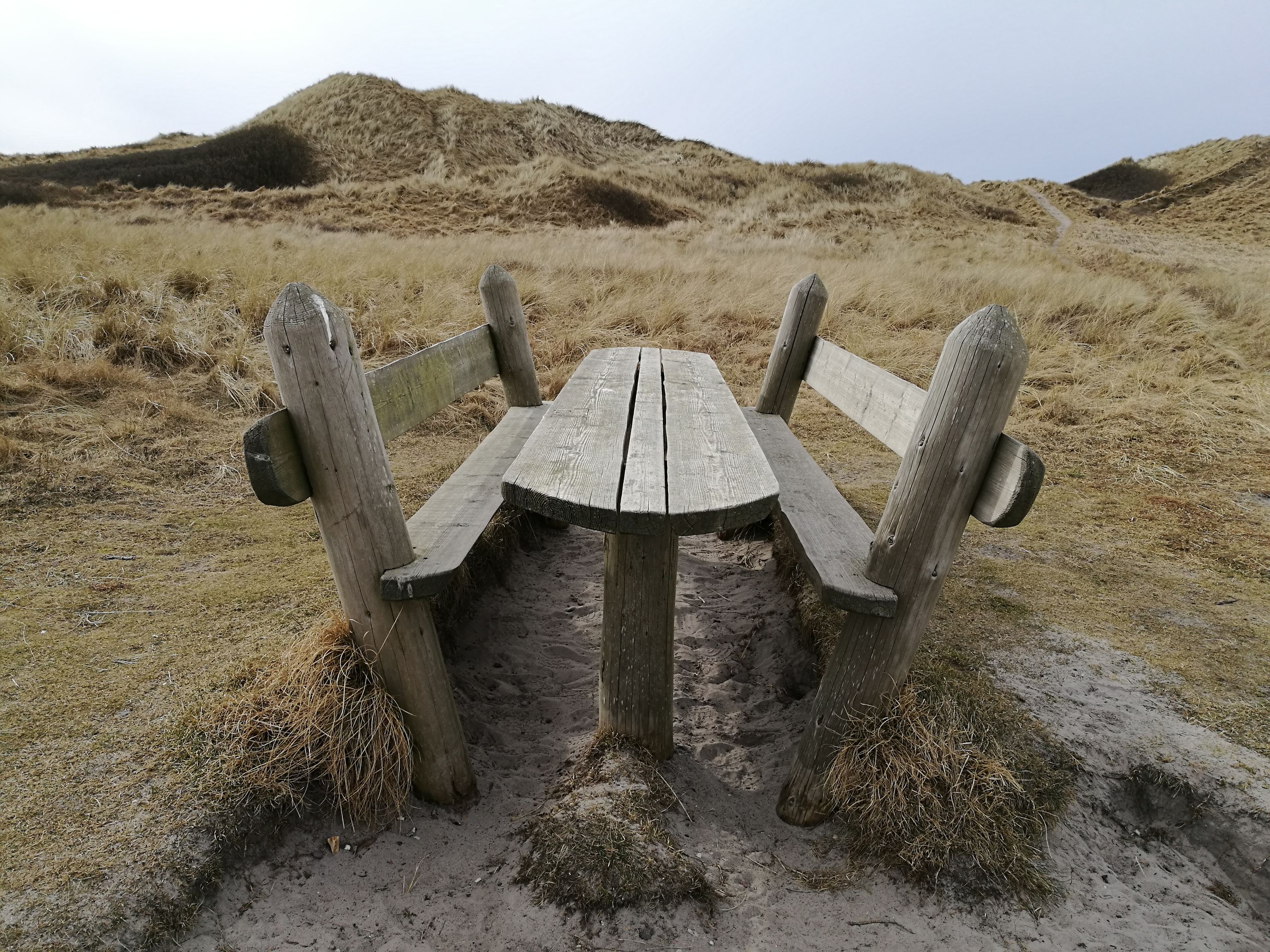 Two wooden benches at a wooden table. A dune can be seen in the background.