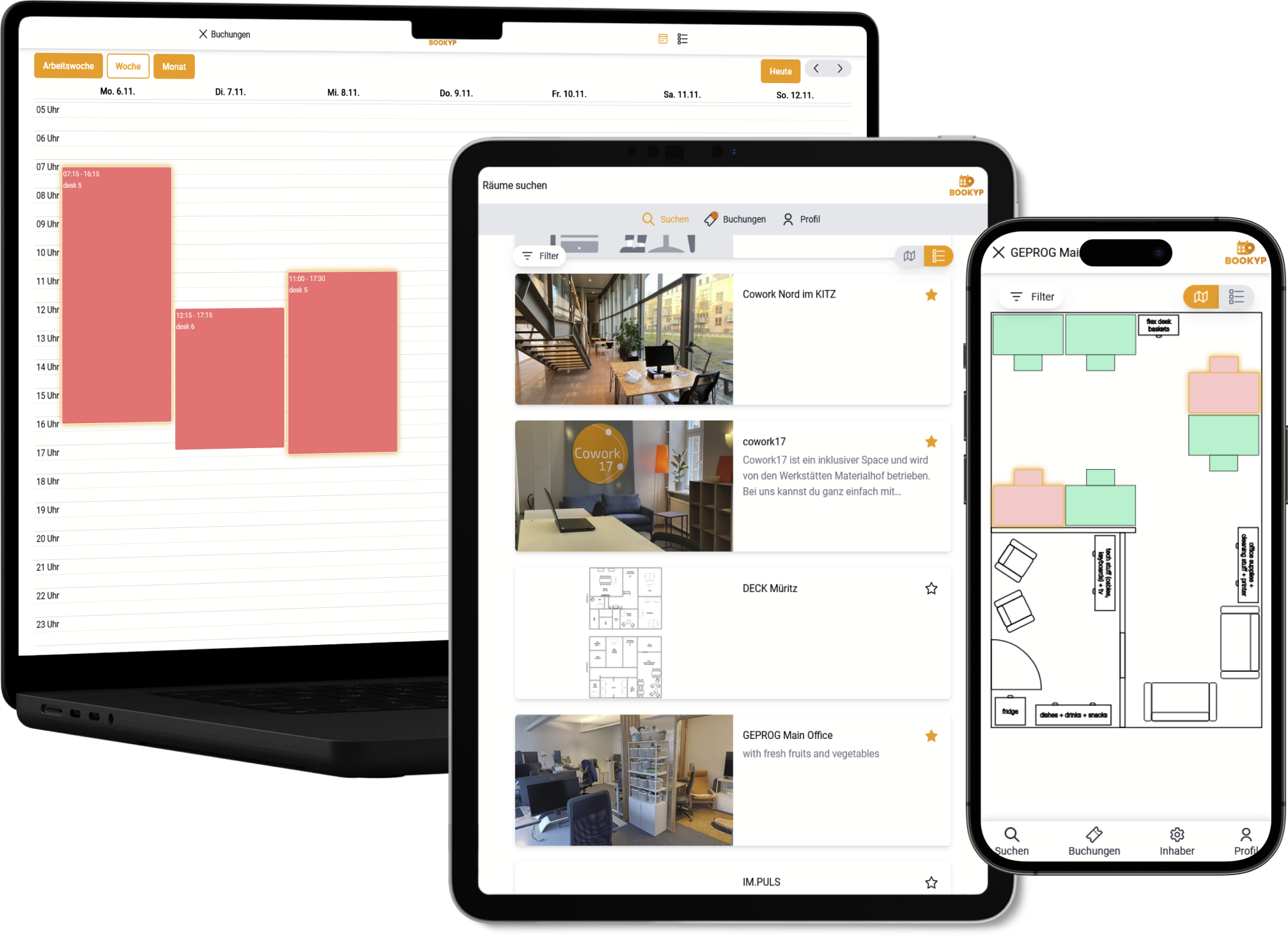 Drei Screenshots der Bookyp App. Ein Laptop, der einen Kalender mit verschiedenen Buchungen zeigt. Ein Tablet, das eine Liste mit verschiedenen Büros zeigt. Ein Smartphone, das eine Raumansicht mit verschiedenen Arbeitsplätzen zeigt.